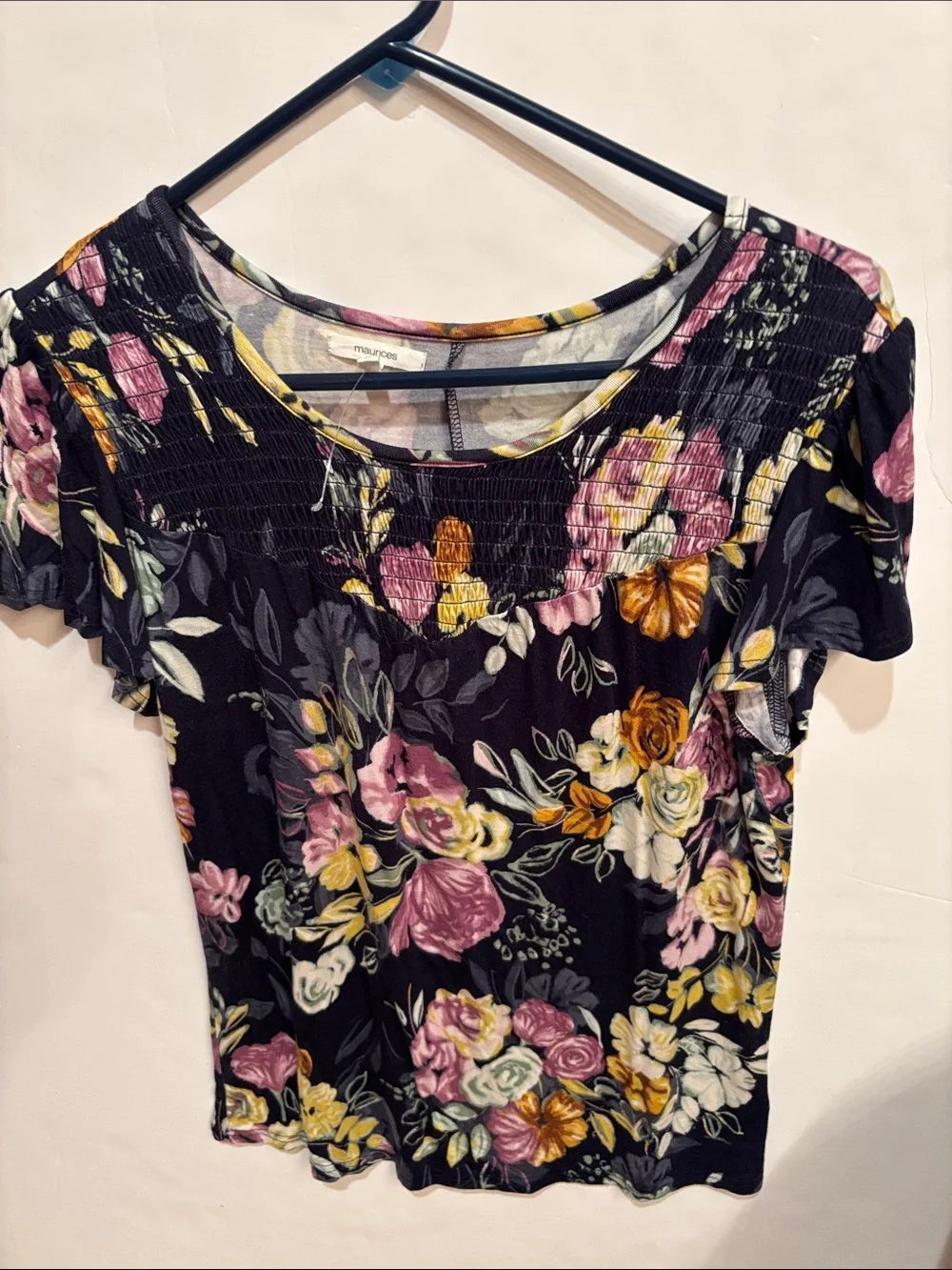 NWOT Maurices Black Floral Short Sleeve Smocked Yoke Tee s